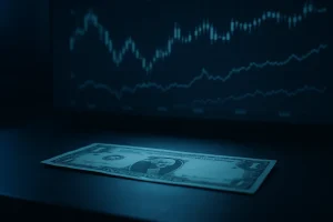 Cinematic minimal shot of a US dollar bill on a trading desk, soft blue lighting, digital forex charts faintly glowing in the background, realistic, no text."