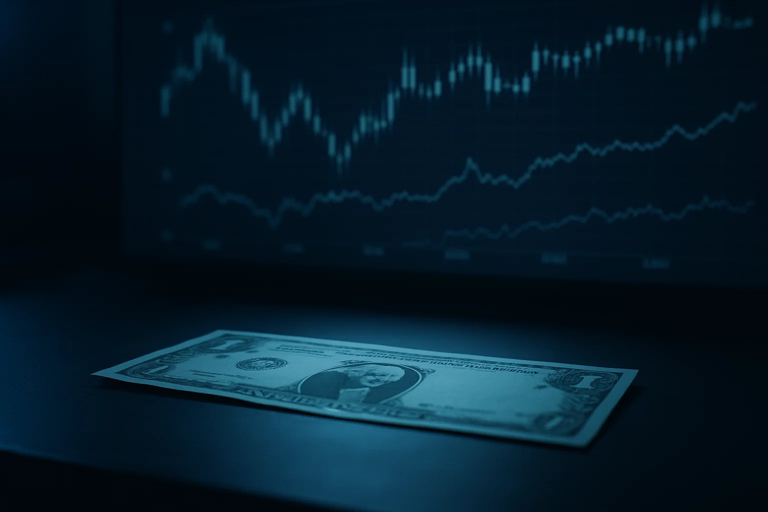 Cinematic minimal shot of a US dollar bill on a trading desk, soft blue lighting, digital forex charts faintly glowing in the background, realistic, no text."